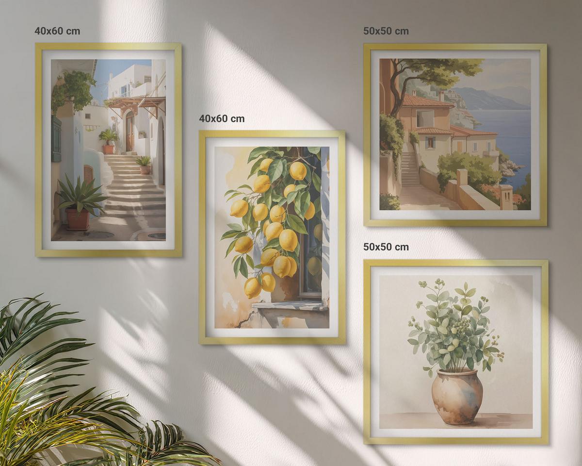 BILDER SET 4er Set - 50x50 cm & 40x60 cm Goldrahmen - Zitronenblumen im Topf, Straßen - Goldfarben, Kunststoff (50/50cm) - TULUP