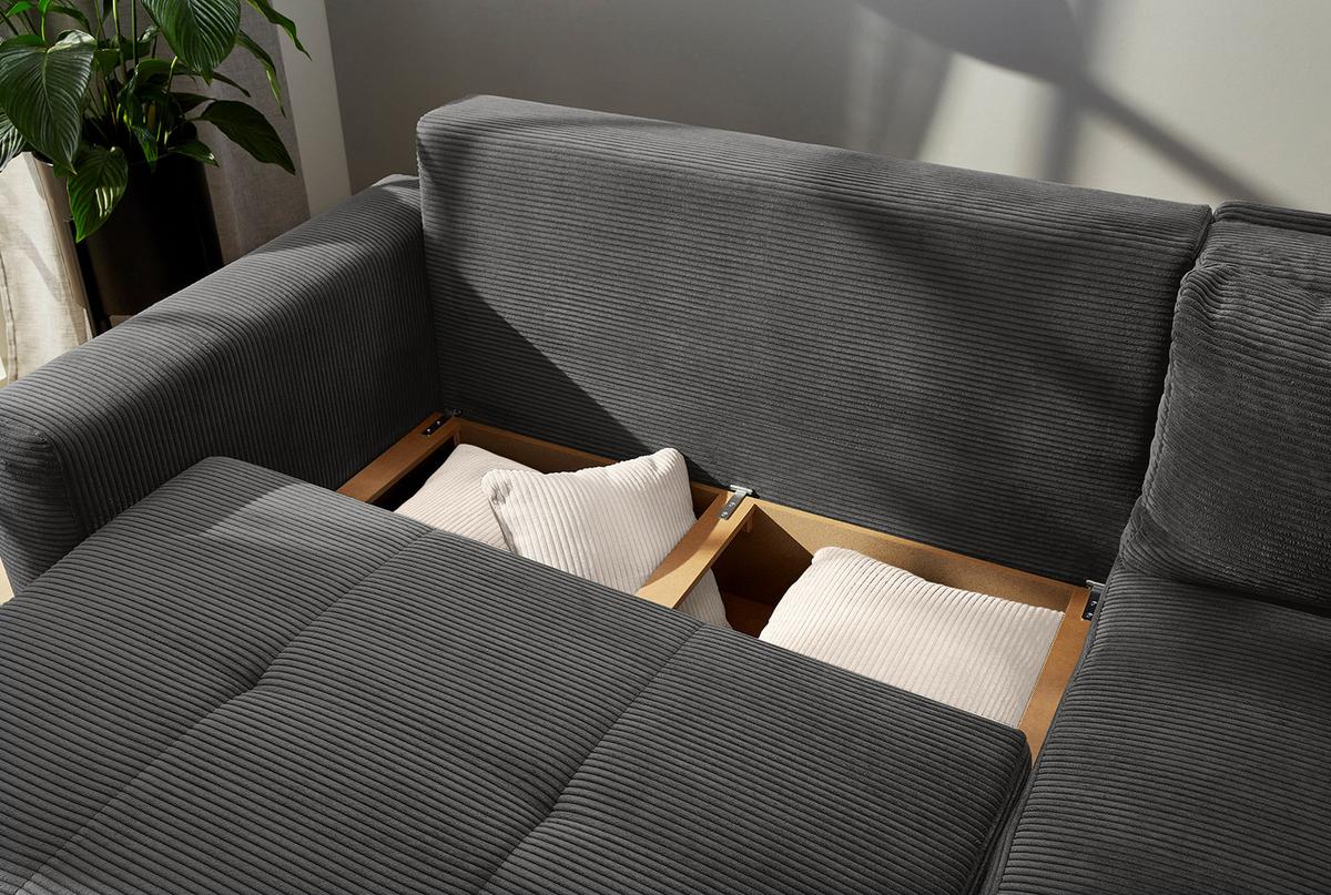 ECKSOFA-DAUERSCHLÄFER Boxspring Federkern Topper Bettkasten, seitenverkehrt montierbar B257/T206/H85 cm, Cord Dunkelgrau / 15211 - Dunkelgrau/Eichefarben, Holz/Textil (257/206cm) - luma-home