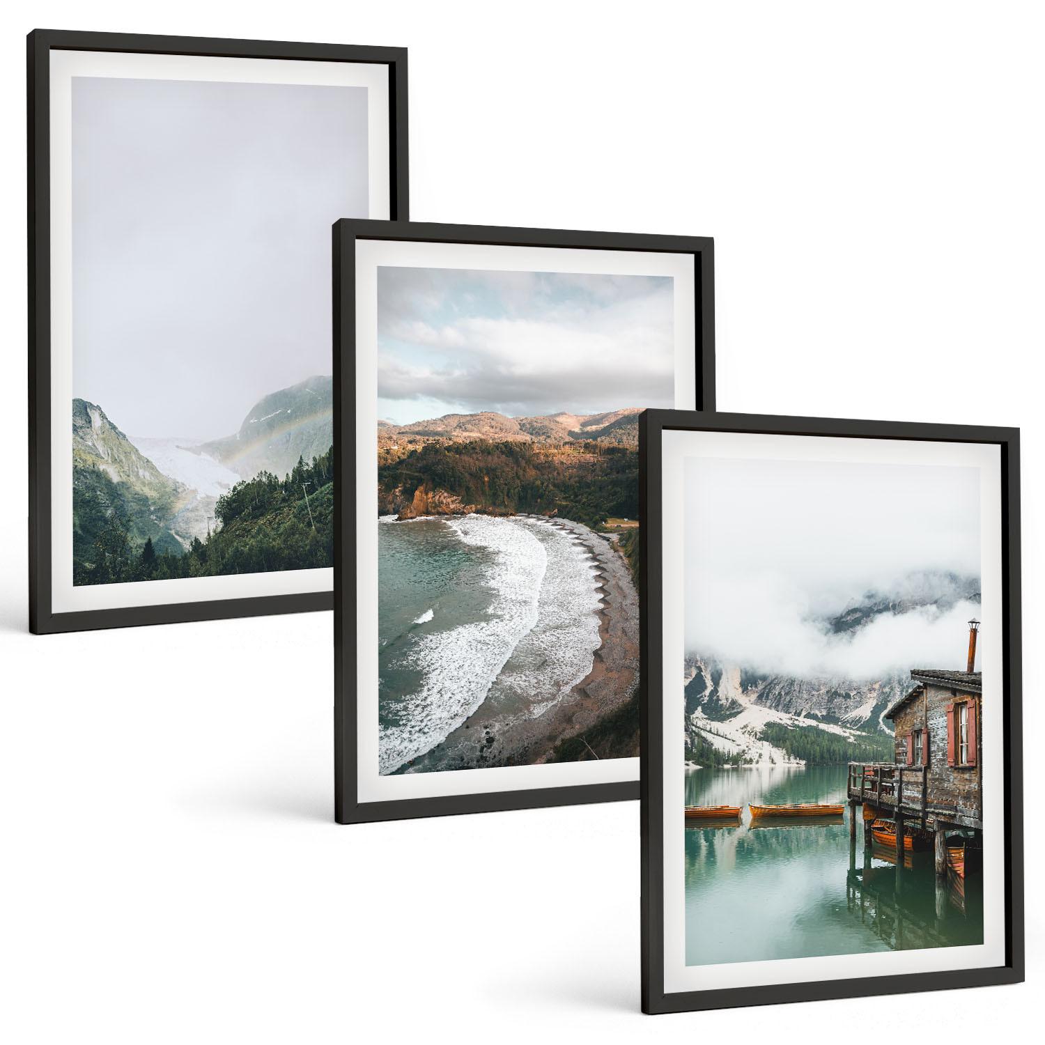 BILDER SET 3er Set - 40x60 cm Schwarzer Rahmen - Berge, Strand, Wolken, Wasser - Schwarz, Kunststoff (40/60cm) - TULUP