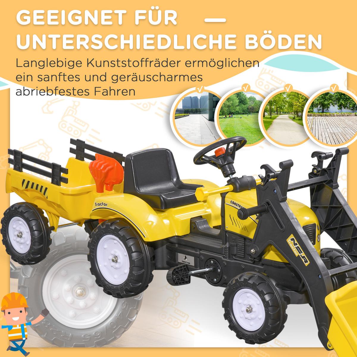 TRETTRAKTOR mit Anhänger Tretauto und Anhänger Traktor ab 3 Jahre Kinder - Gelb, Metall (167/41/52cm) - HOMCOM