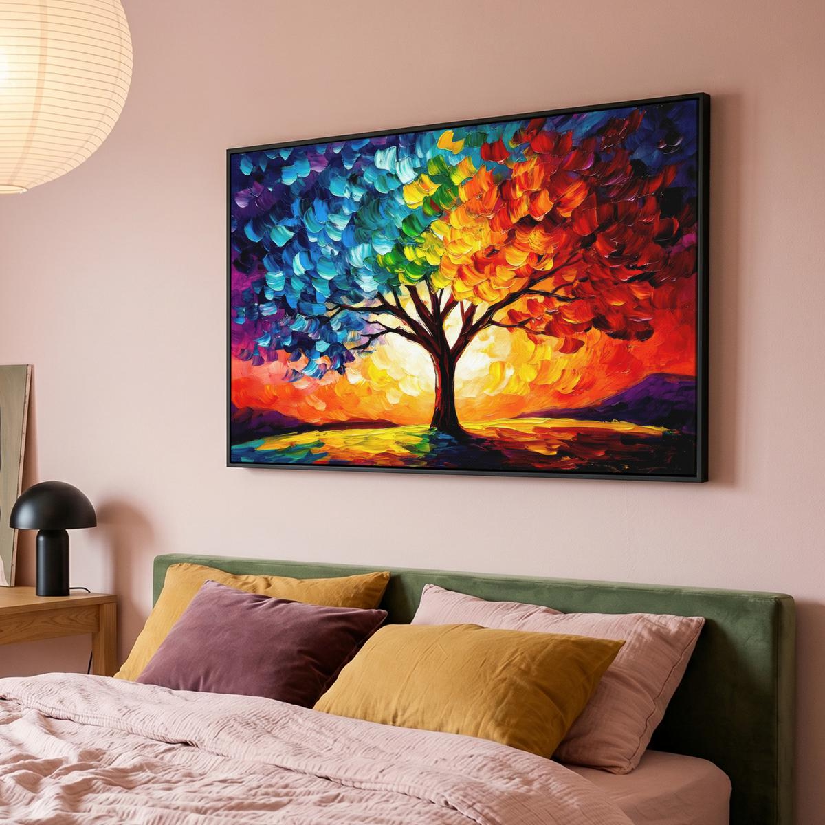 LEINWAND Bilder mit Rahmen - Baum - Kunst - Natur - Sonnenuntergang - 120x80 - Multicolor, Textil (120/80cm) - MuchoWow