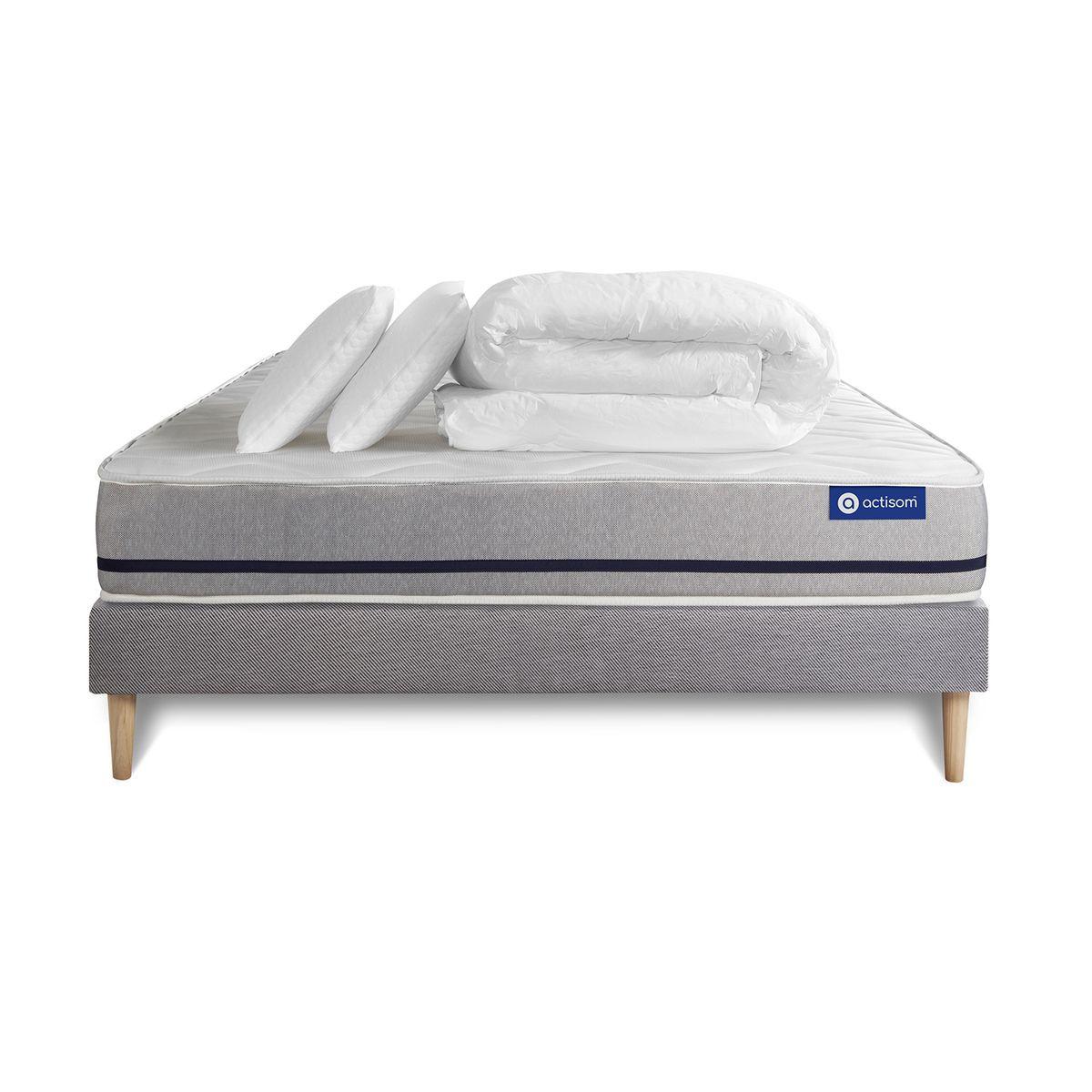 BETT Actimemo soft Memory-Schaum 160 x 200 cm h2 - Kit Bettgestell Grau - Mit Kissen und Bettdecke - Beige/Grau, Karton/Holz (160/200cm) - ACTISOM
