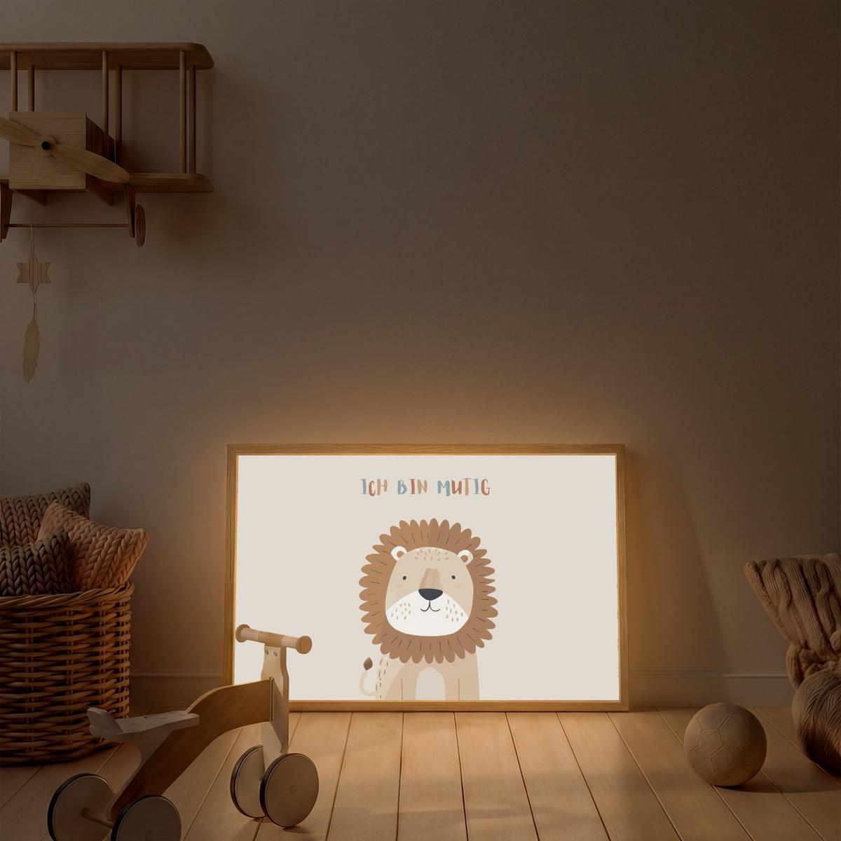WANDLEUCHTE MIT AKKU Löwe - Beige - Tier - Mutig - Zitat 90x60 cm - Beige, Holzwerkstoff (90/60/8cm) - OnlyWow