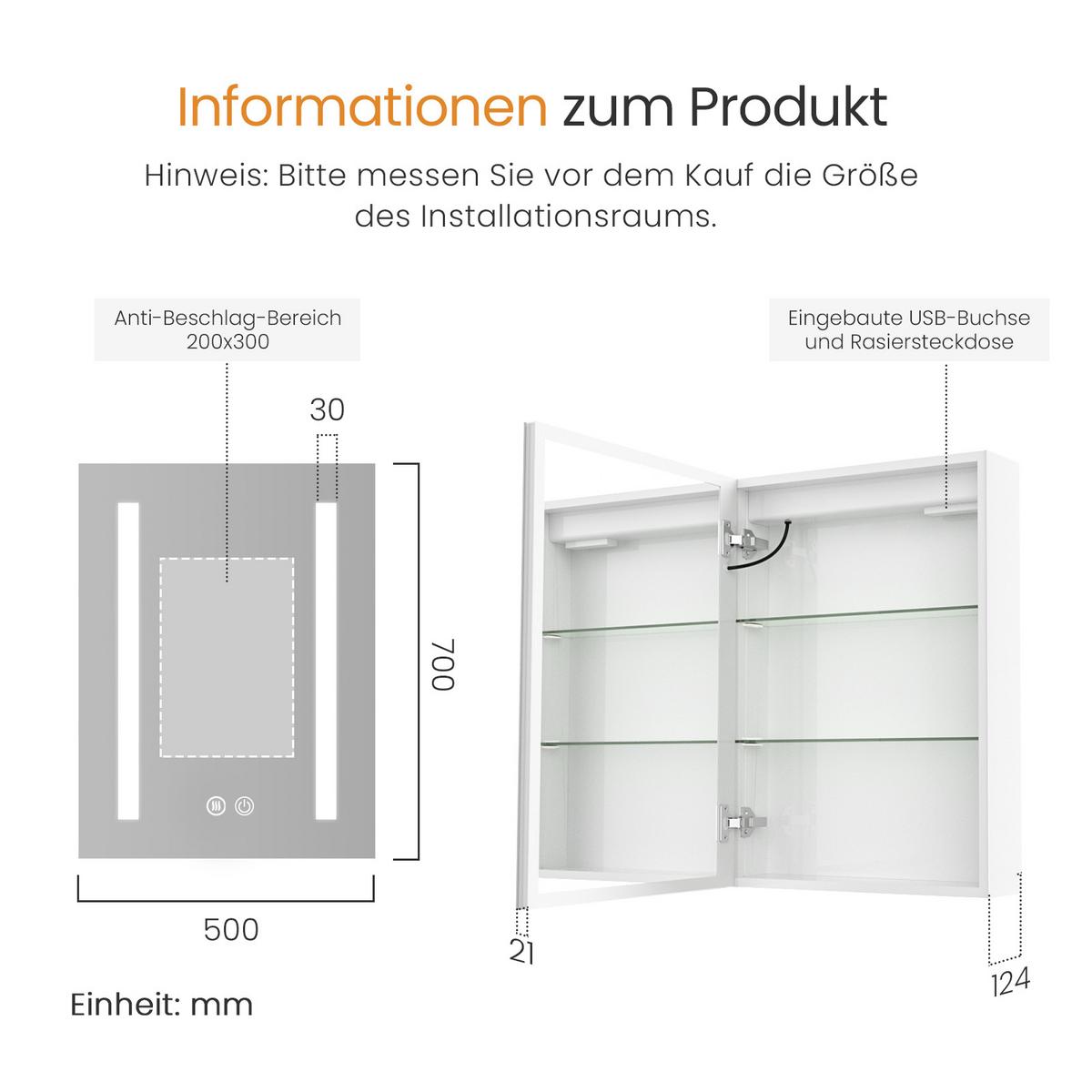 SPIEGELSCHRANK mit Beleuchtung silberweiß 70/50/14,5 - Weiß, Glas/Metall (50/70/14.5cm) - EMKE