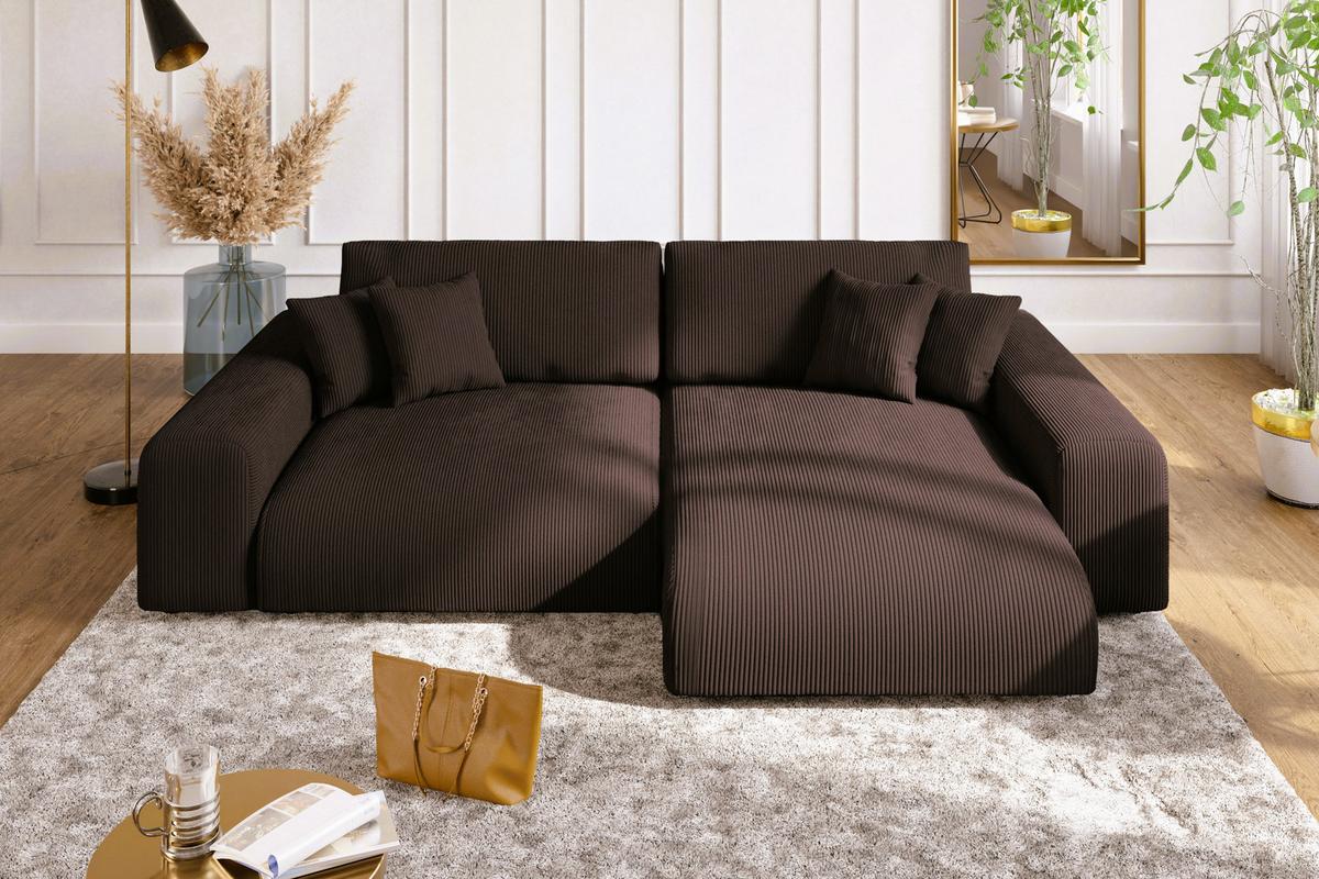ECKSOFA mit Schlaffunktion, Bettkasten, Wellenunterfederung, seitenverkehrt montierbar B255/T165/H84 cm, Liegefl. 148x196 cm, Cord Dunkelbraun / 21003 - Dunkelbraun/Schwarz, Kunststoff/Textil (255/165cm) - luma-home