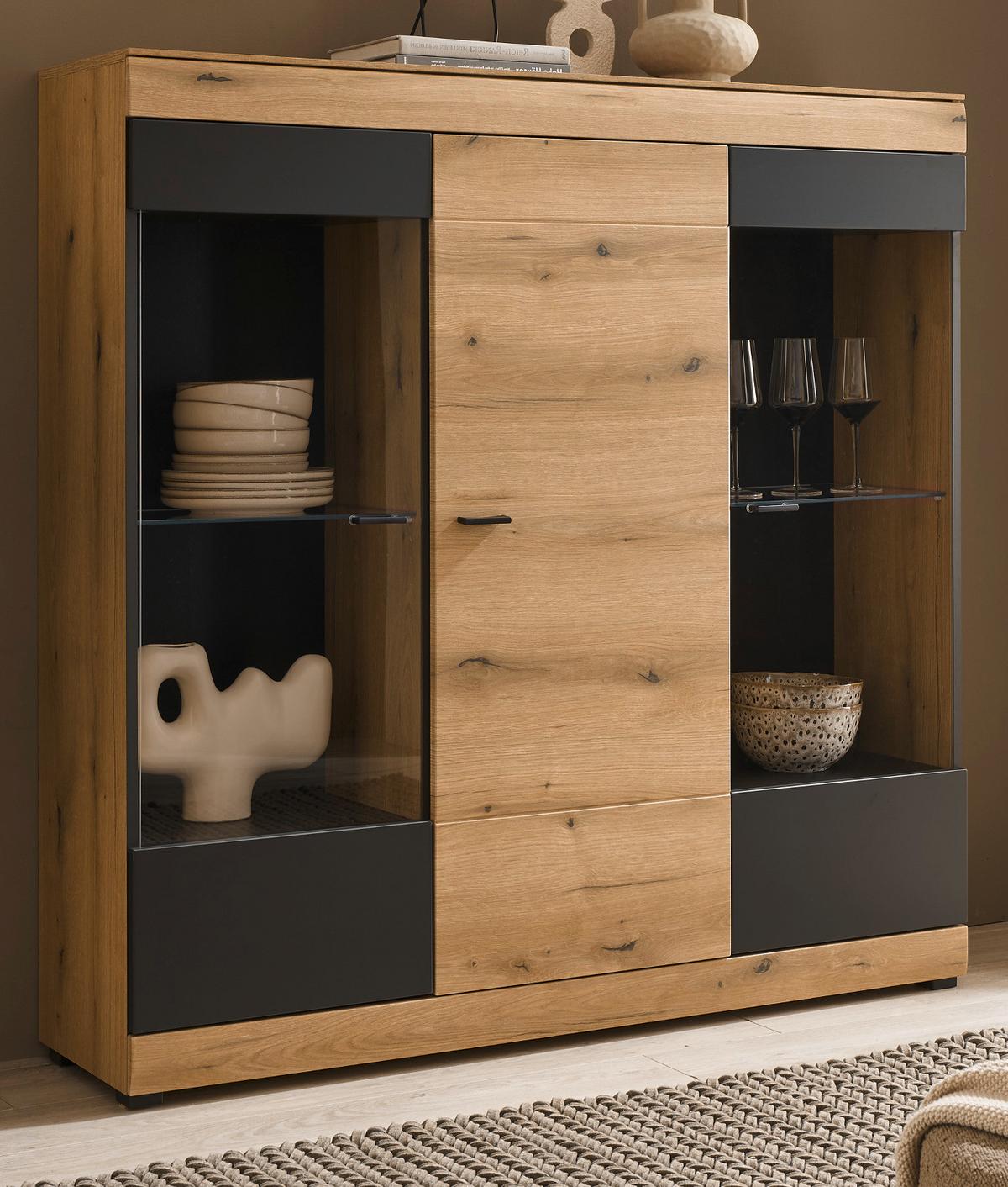 HIGHBOARD in Eiche, grau 140 x 141 cm, Vitrine mit Soft-Close - Kaschmir/Eichefarben, Glas/Holzwerkstoff (140/141/35cm) - Furn.Design