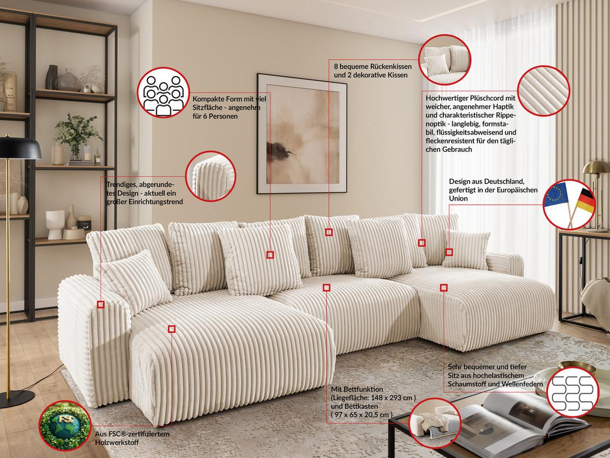 WOHNLANDSCHAFT Calma mit Schlaffunktion und Bettkasten im Bumpy-Design aus weichem Creme Plüschcord - Beige/Creme, Holz/Textil (336/88/140cm) - S-Style