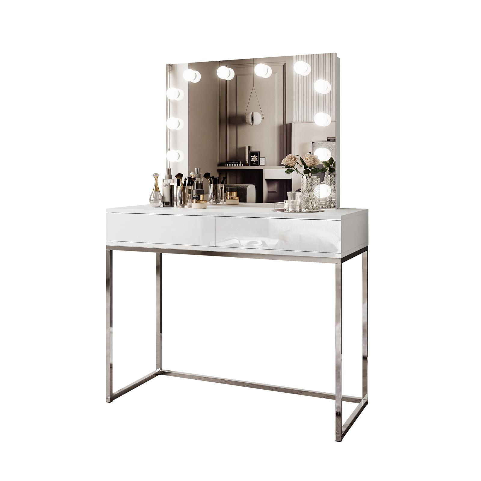 SCHMINKTISCH BLANCO GLAMOUR ELITE mit Spiegel und Beleuchtung Weiß Hochglanz PUSH OPEN - Weiß Hochglanz, Holzwerkstoff (100/146/42cm) - Lookway