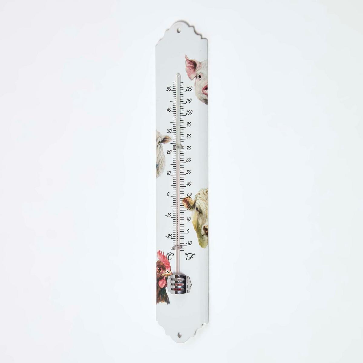 INNEN- & Außenthermometer weiß mit Bauernhof-Tieren - Multicolor/Braun, Metall (6.3/29.5/29.5cm) - Homescapes