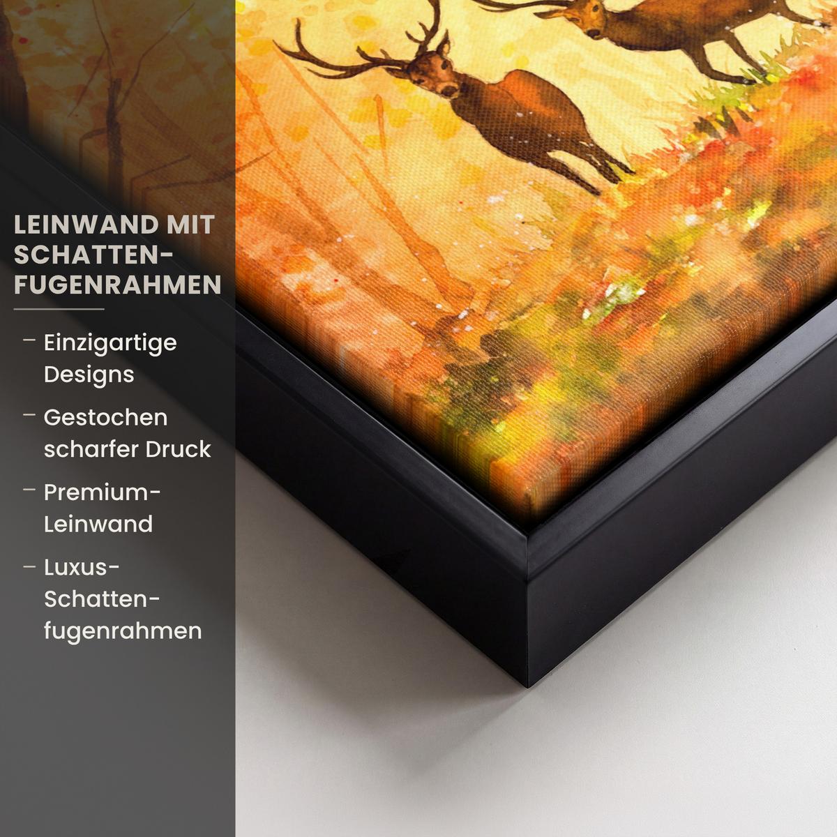 LEINWAND Bilder mit Rahmen - Natur - Ölfarbe - Hirsche - Tiere - Herbst - Orange - 20x30 - Orange, Textil (20/30cm) - MuchoWow