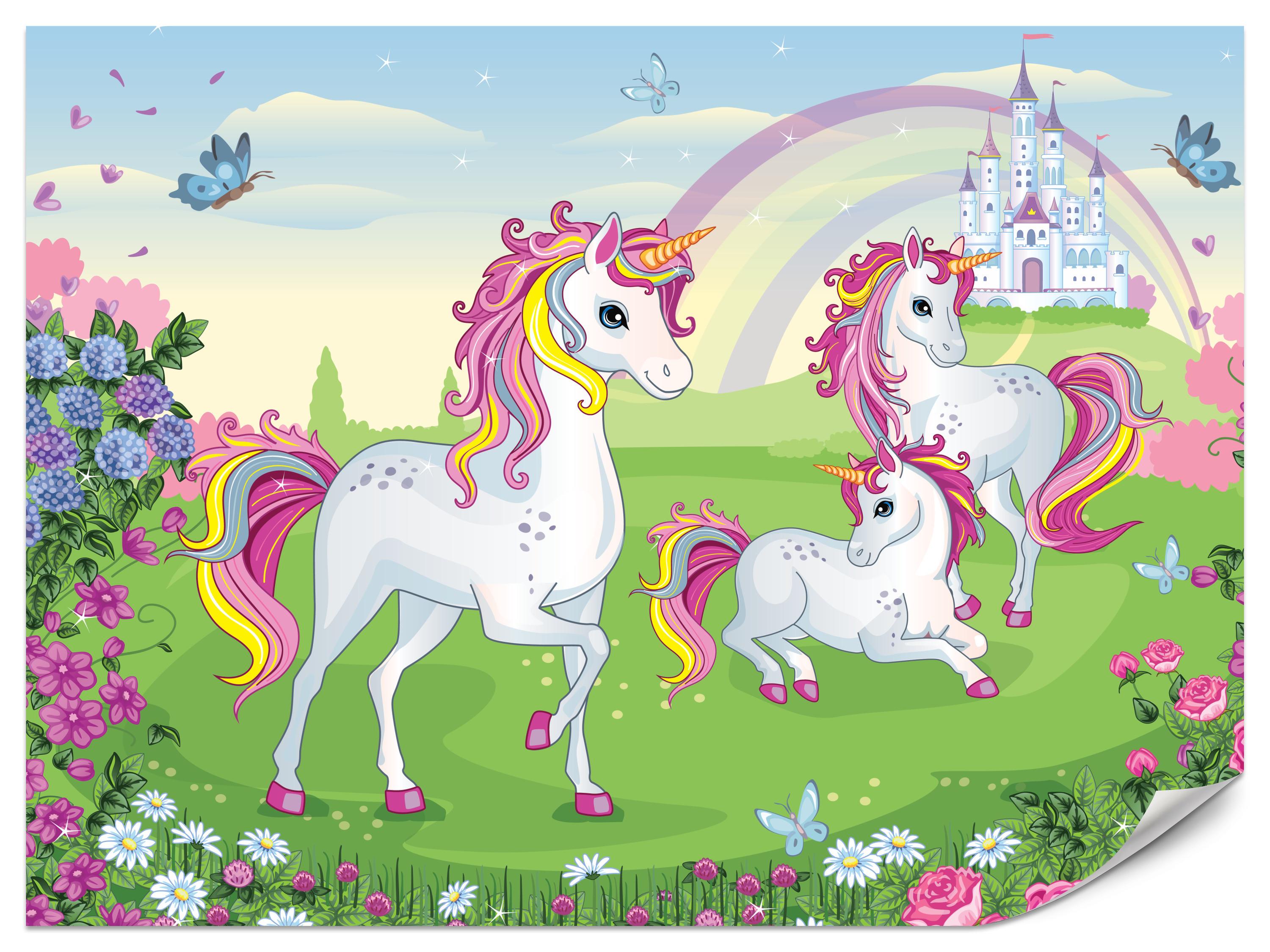 FOTOTAPETE für Kinderzimmer Einhorn Schloss Blumen Märchen 450x315 - Gelb/Violett, Papier (450/315cm) - Muralo
