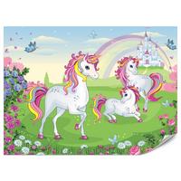 FOTOTAPETE für Kinderzimmer Einhorn Schloss Blumen Märchen 450x315 - Gelb/Violett, Papier (450/315cm) - Muralo
