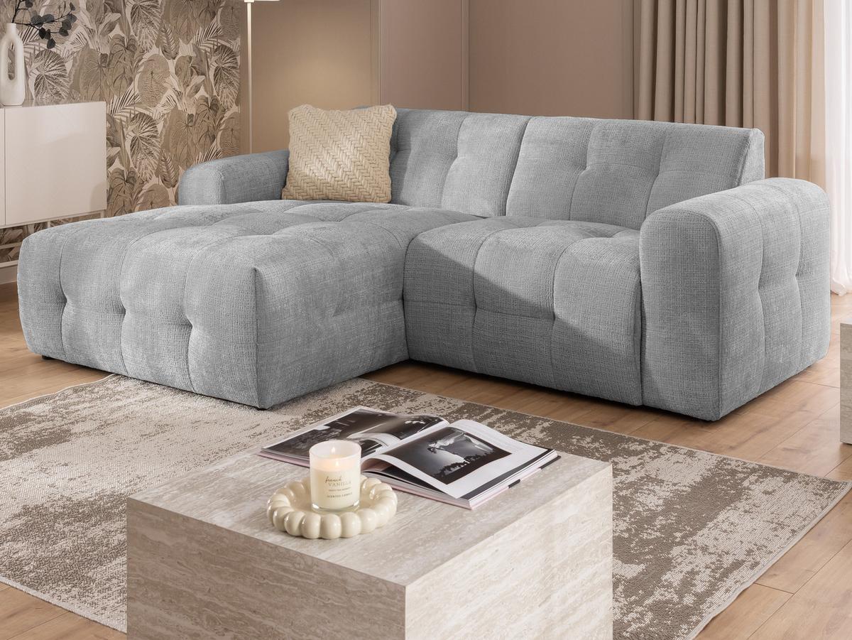 ECKSOFA Kozy im Bumpy-Design mit fester Rückenlehne aus weichem Hellgrau Chenille-Stoff - Ottomane links - Hellgrau/Schwarz, Holz/Kunststoff (161/234cm) - S-Style Möbel
