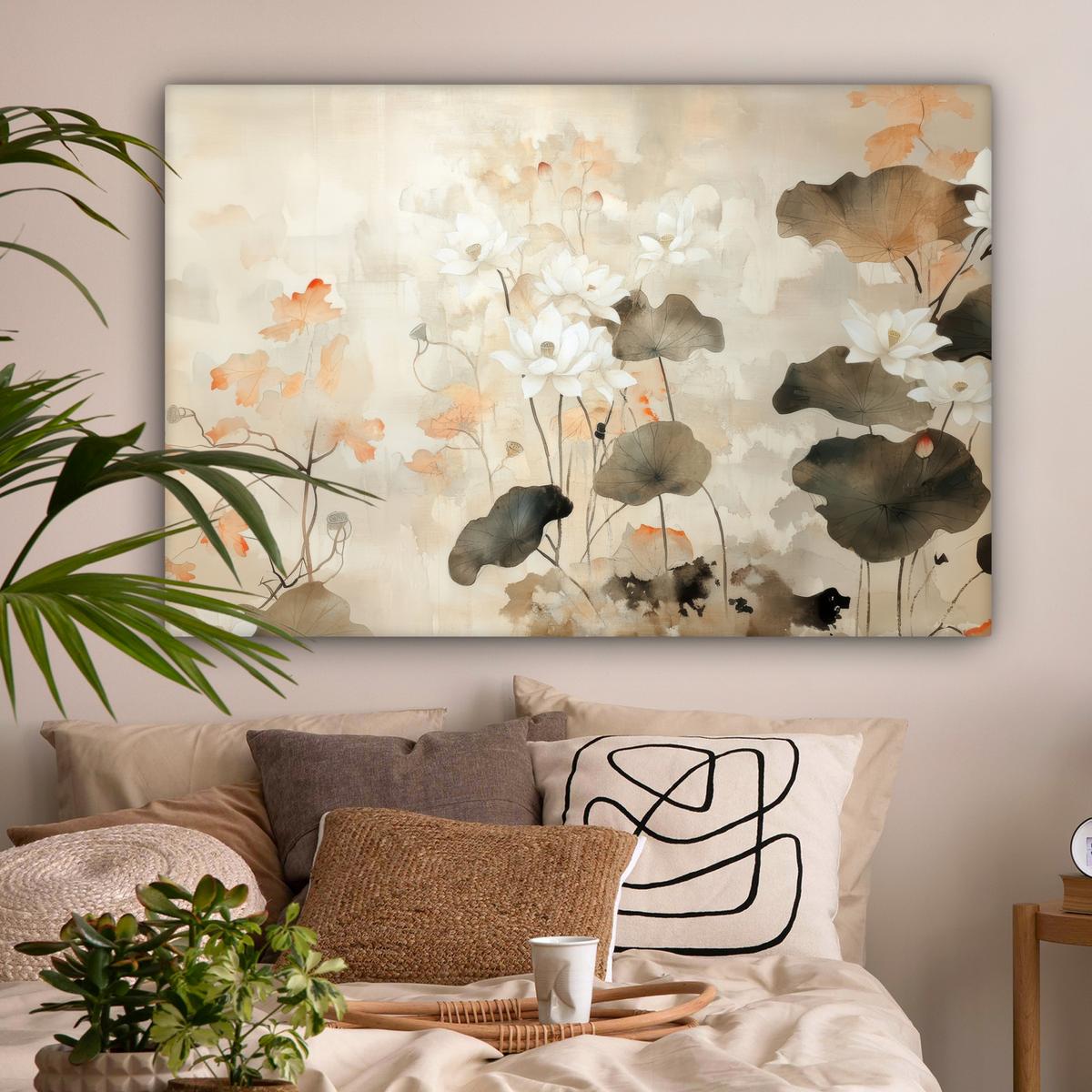LEINWANDBILD Blumen - Japandi - Wabi sabi Wohnzimmer Groß 120x80 cm - Sandfarben, Textil (120/80cm) - MuchoWow