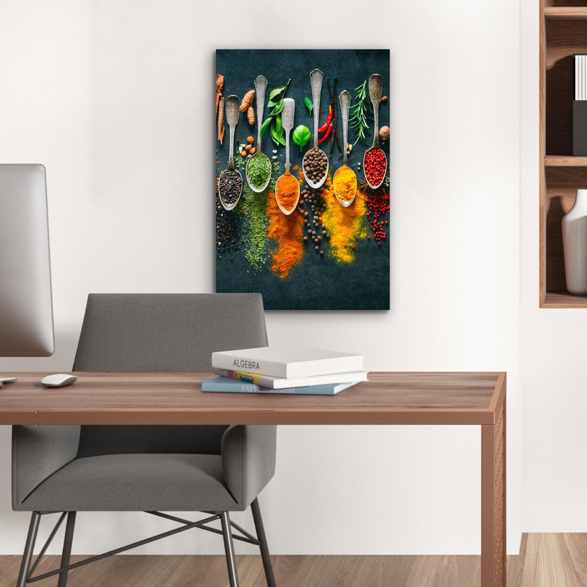 METALLBILD Kräuter - Gewürze - Löffel Deko Schlafzimmer 40x60 cm - Currygelb, Metall (40/60cm) - MuchoWow