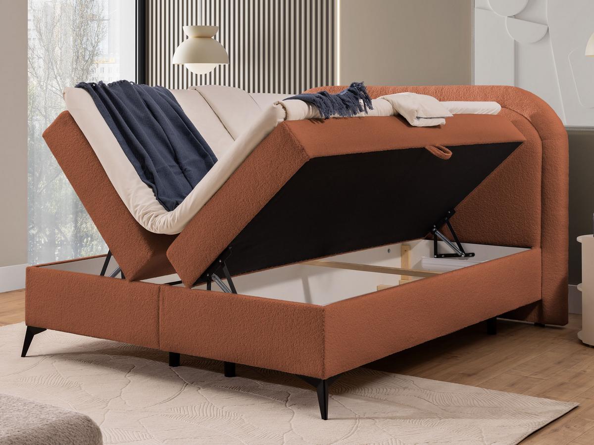BOXBETT Sonna 140/200 cm Terrakotta Bouclé-Stoff mit abgerundetem Kopfteil und mit schwarzen Metallfüße - Terracotta/Schwarz, Holz/Textil (140/200cm) - S-Style Möbel