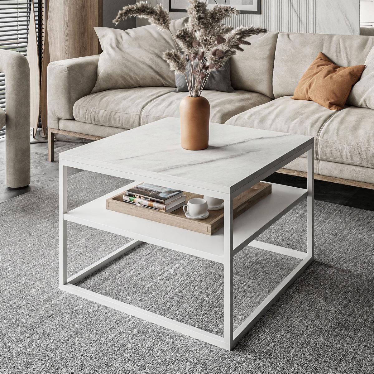 COUCHTISCH NOVA mit Ablage Weiß / Marmor Levanto - Weiß, Holzwerkstoff (69/69/48cm) - Lookway