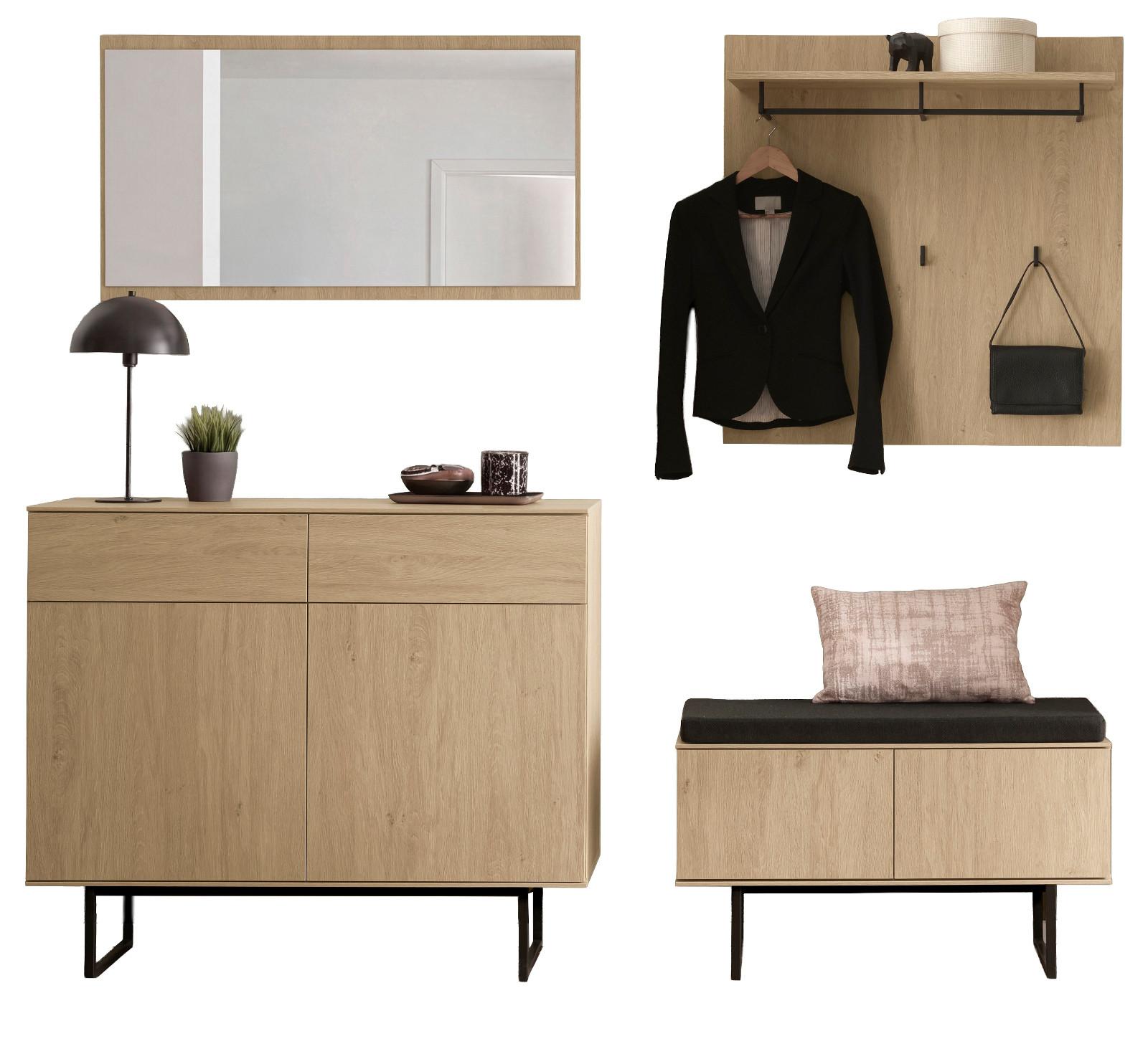 GARDEROBE-SET Stone Eiche 5-teilig 215 cm, Garderobenkombination in modernem Design - Eichefarben/Schwarz, Holzwerkstoff/Metall (215/200/40cm) - Furn.Design