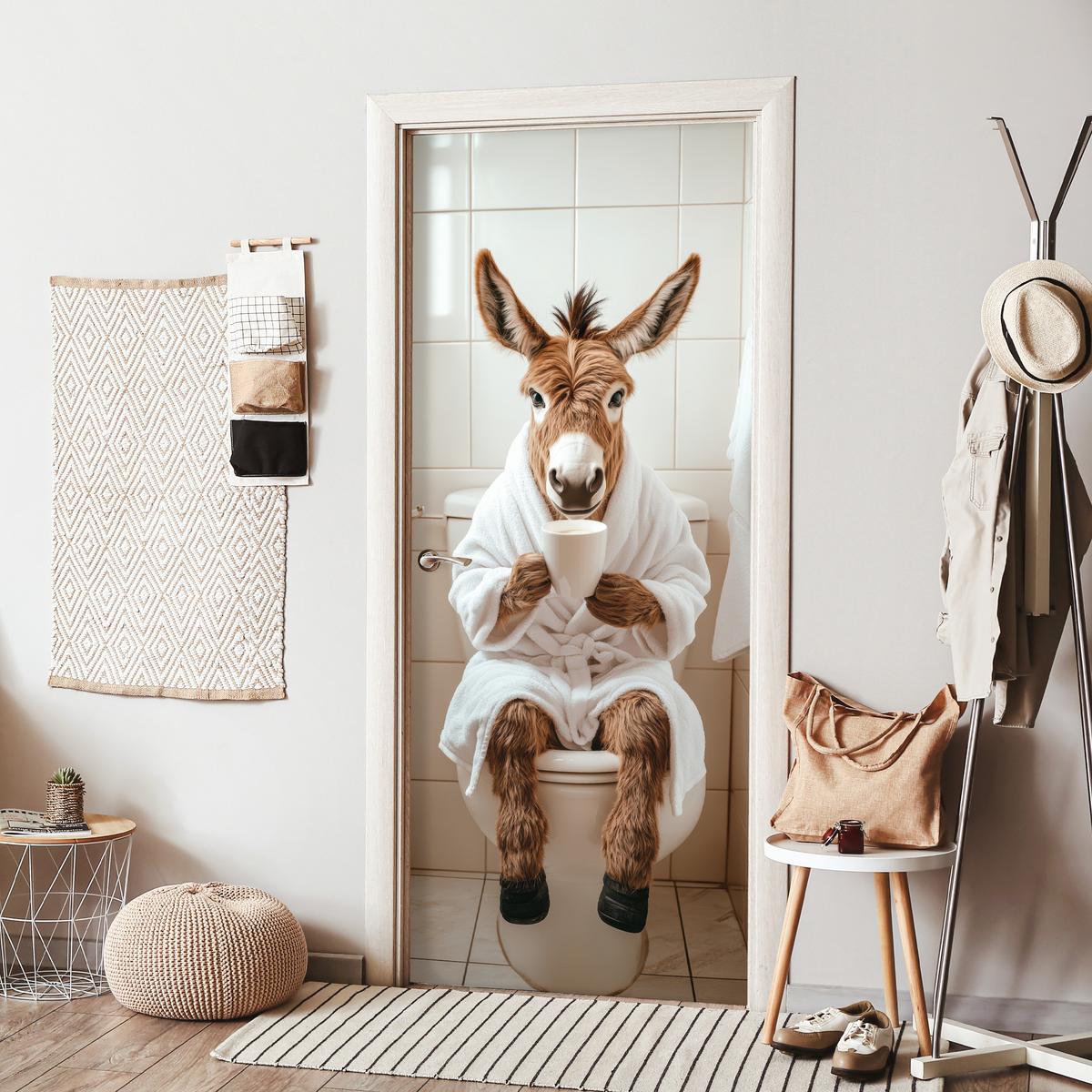 TÜRAUFKLEBER Esel - WC - Lustig - Bademantel - Tier 90x215 cm - Türtapete - Beige, Kunststoff (90/0.1cm) - MuchoWow