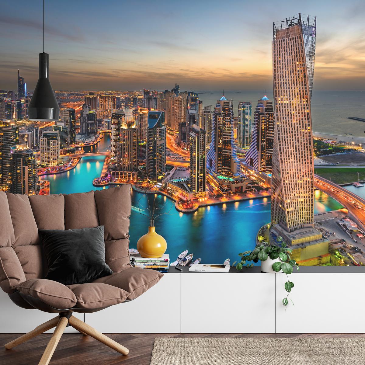 FOTOTAPETE für Büro Hochhäuser Dubai Marina Hafen Lichter Modern 150x105 - Türkis/Gelb, Papier (150/105cm) - Muralo