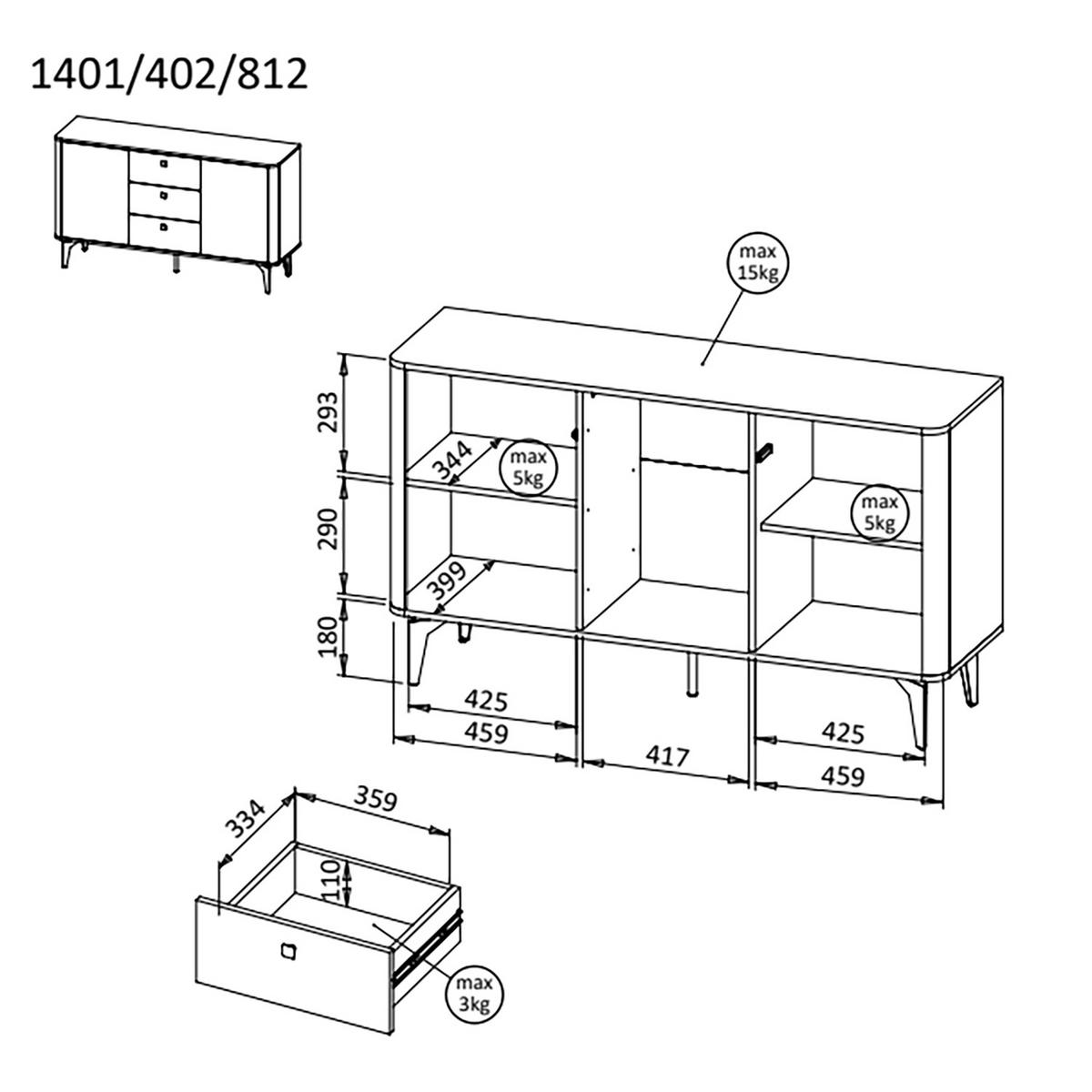 KOMMODE Aurora 2 Türen und 3 Schubladen, Metallbeine, 140 cm, Nussbaum+Kaschmir - Kaschmir/Nussbaumfarben, Holzwerkstoff/Metall (140/81/40cm) - Beautysofa