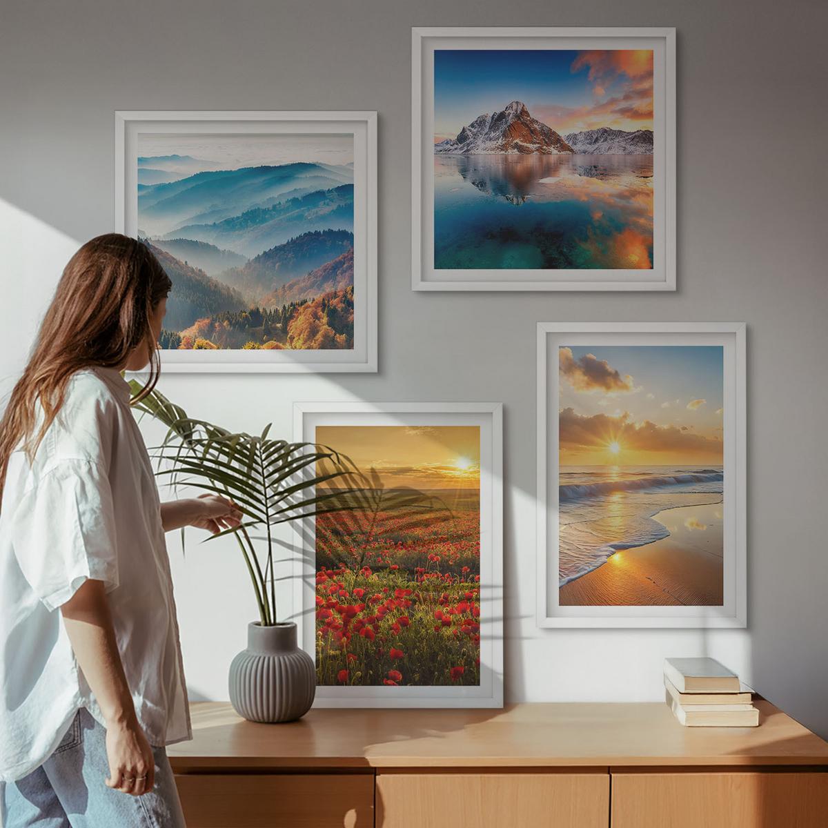 BILDER SET 4er Set - 50x50 cm & 40x60 cm Weißer Rahmen - Landschaften aus Bergen und Meeren im Westen - Weiß, Kunststoff (50/50cm) - TULUP