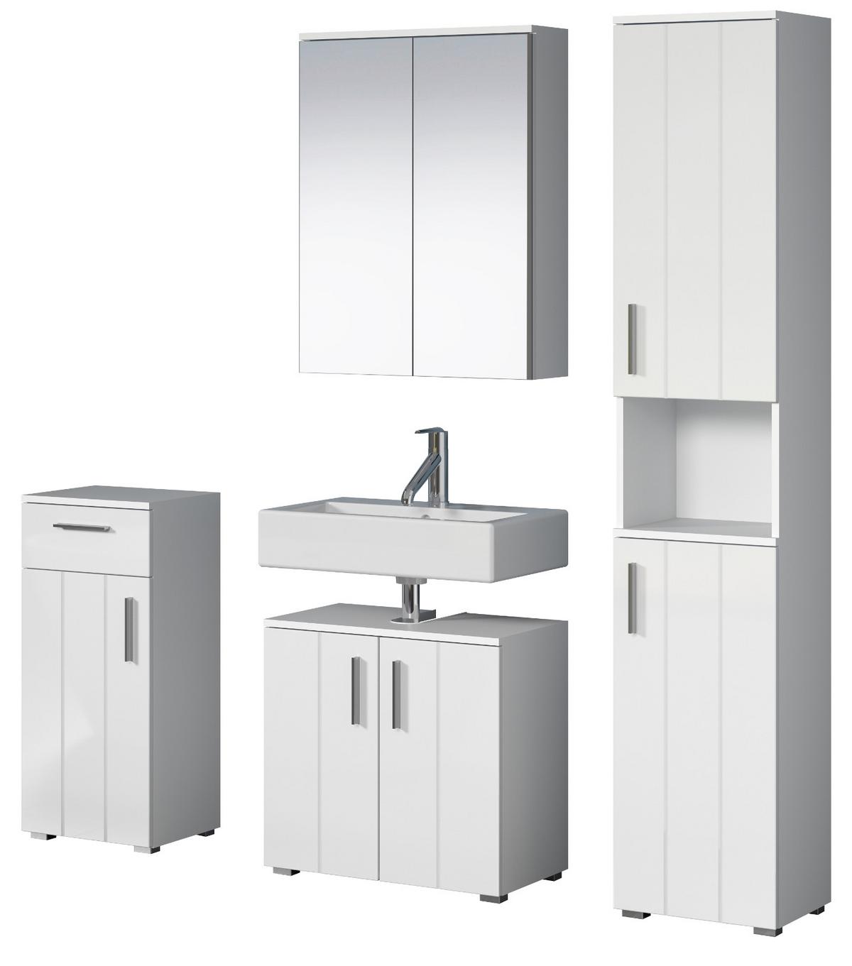 BADMÖBEL-SET weiß Hochglanz 4-teilig 164 x 192 cm, moderne Badezimmer-Schränke - Weiß Hochglanz/Silberfarben, Holzwerkstoff/Kunststoff (164/192/32cm) - Top.Furn