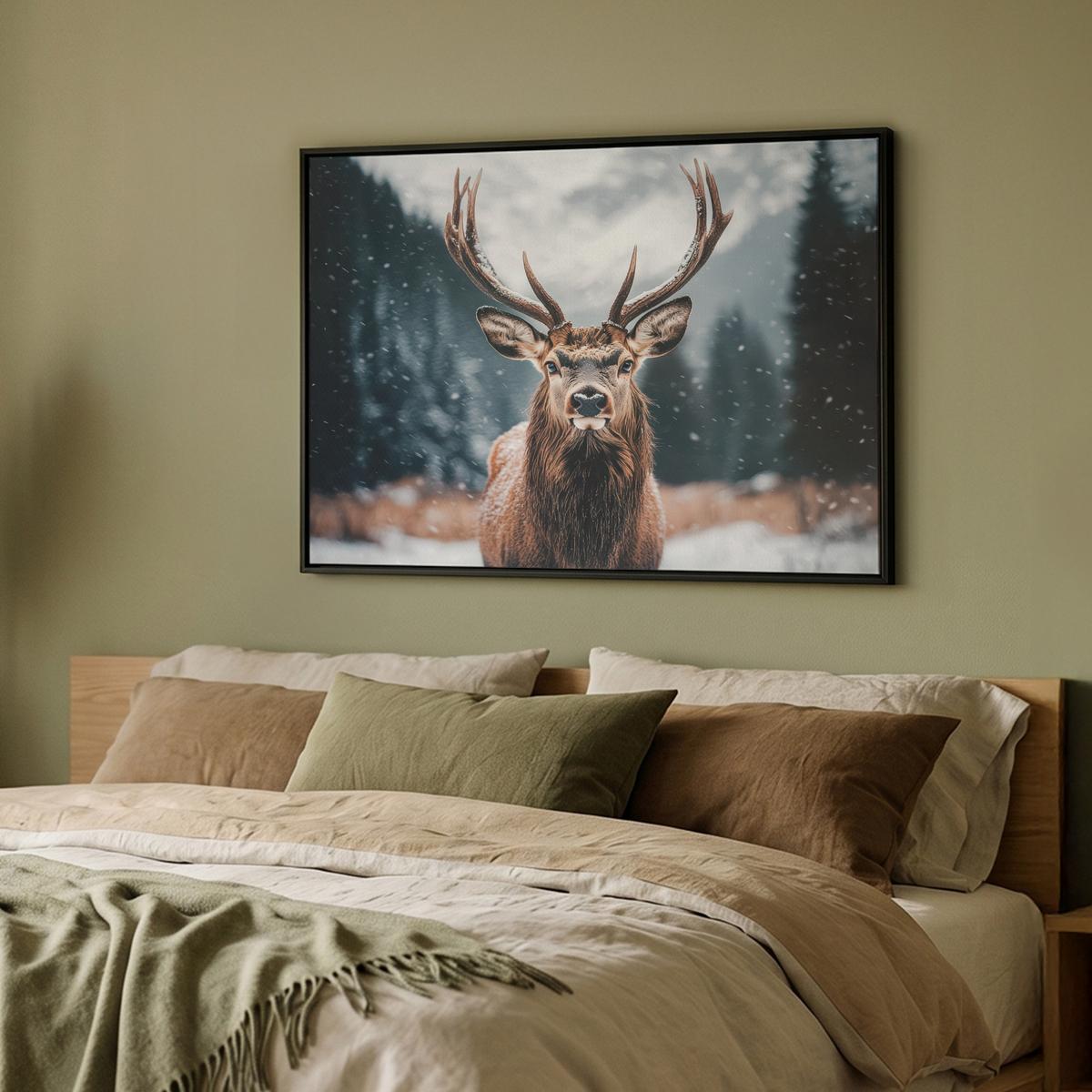 LEINWAND Bilder mit Rahmen - Hirsche - Tiere - Landschaft - Winter - Schnee - 100x70 - Kastanienfarben, Textil (100/70cm) - MuchoWow