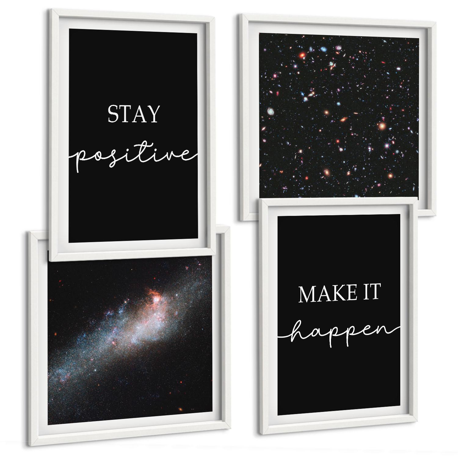 BILDER SET 4er Set - 50x50 cm & 40x60 cm Weißer Rahmen - Motivationsslogans Sterne Weltraum - Weiß, Kunststoff (50/50cm) - TULUP