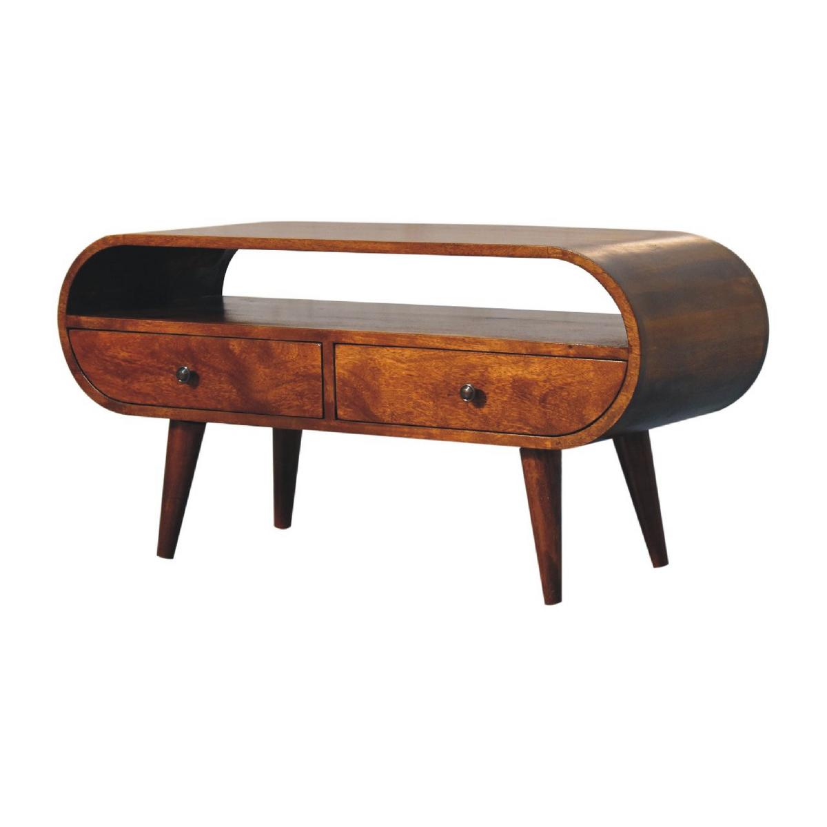 RUNDER TV-Ständer im Kastanienholz-Finish, 2 Schubladen, 1 Offenes Fach, Nordische Beine - Kastanienfarben/Messingfarben, Holz/Metall (90/45/35cm) - Artisan Furniture