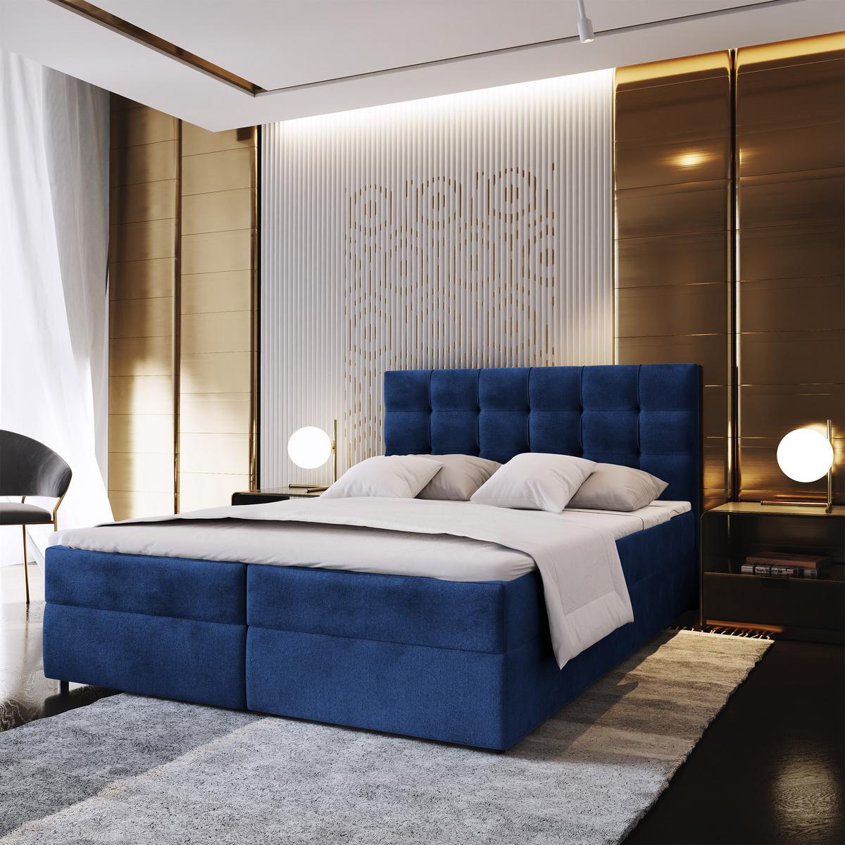 BOXBETT GLOS K 140x200 cm mit Matratze und Topper, H2+H3 - Blau - Blau, Holz (140/200cm) - MASSENO