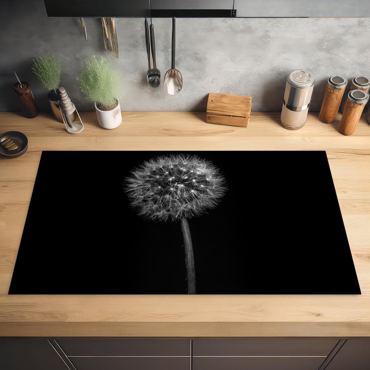 HERDABDECKPLATTE Löwenzahn - Schwarz - Floral - Botanisch Ceranfeldabdeckung 90x52 cm - Grau, Kunststoff (90/52/0.2cm) - MuchoWow