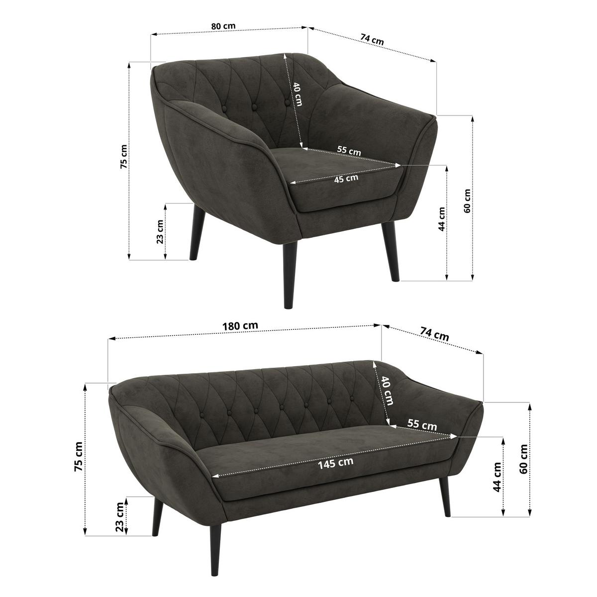 SITZGARNITUR PIRS 3+1+1 - Dunkelgrau Velvet - Schwarze Beine - Dunkelgrau/Schwarz, Holzwerkstoff/Textil (180/75/74cm) - MKS