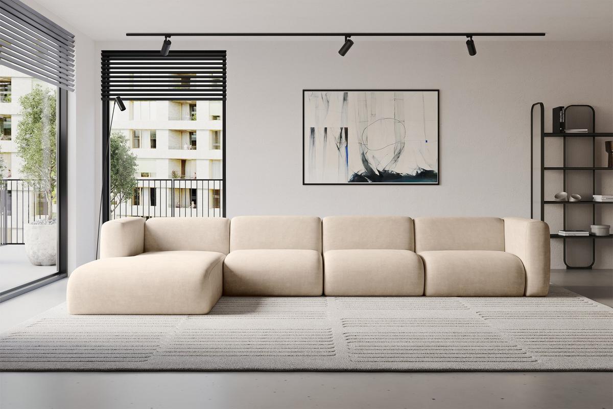 ECKSOFA Ottomane Links MIRA-L3 409x179x70 Beige Velours - Greige/Beige, Holzwerkstoff/Kunststoff (409/179cm) - ALTDECOR