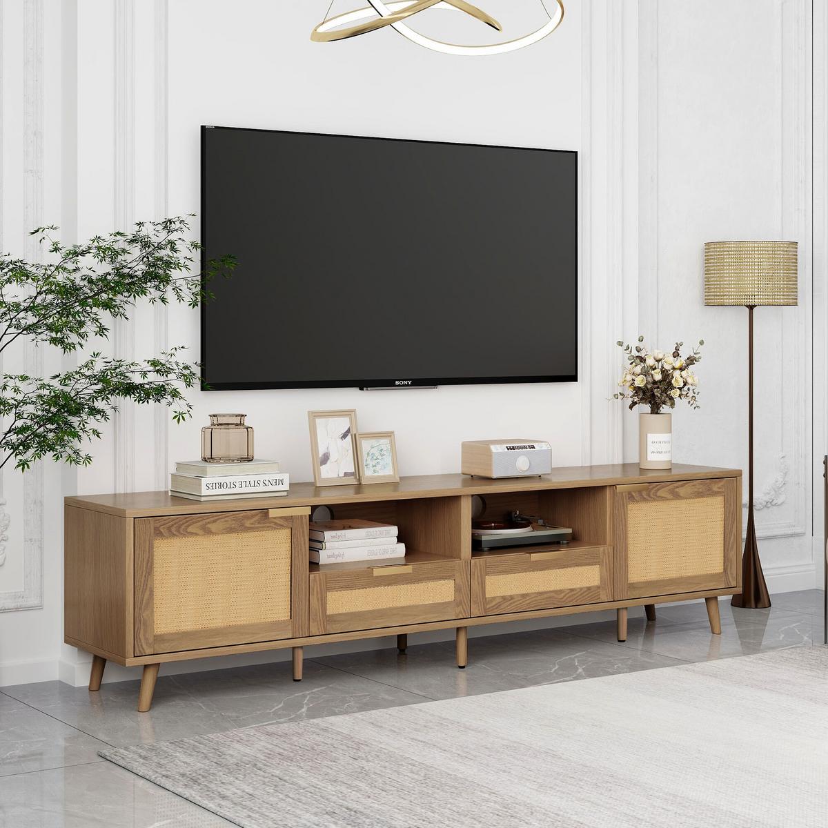 TV STOLÍK Z RATANU – nohy z masívneho dreva – 200 x 37 x 49 cm - Braun, Holz (37/49/200cm) - Urban Meuble