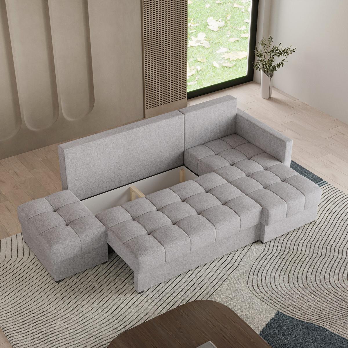 ECKSOFA LUMARI R-S Hellgrau Plüsch-Stoff mit Schlaffunktion - Hellgrau, Holz (262/143cm) - MASSENO