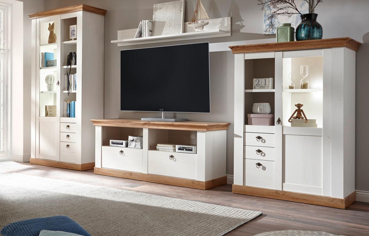 WOHNWAND weiß Pinie, Eiche Wotan 4-teilig 376 cm, Schrankwand mit viel Stauraum - Silberfarben/Eiche Wotan, Glas/Holzwerkstoff (376/204/52cm) - Furn.Design