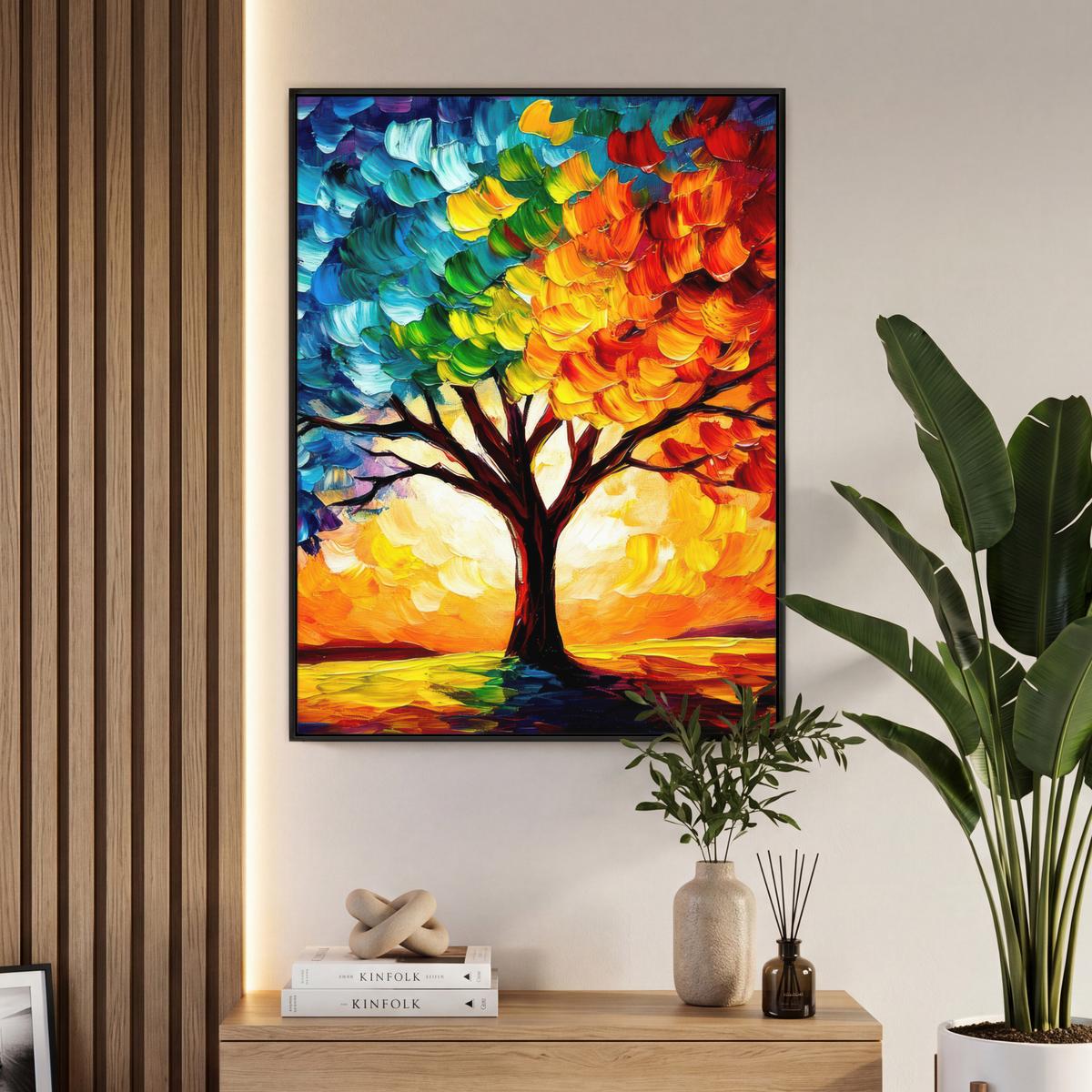 LEINWAND Bilder mit Rahmen - Baum - Kunst - Natur - Sonnenuntergang - 70x100 - Multicolor, Textil (70/100cm) - MuchoWow