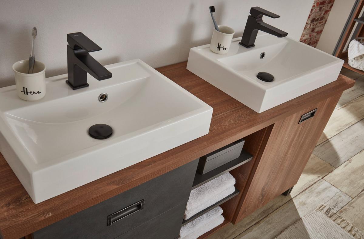 BADMÖBEL-SET 5-teilig Eiche Stirling, Matera grau, Doppelwaschtisch inkl. 2 x Waschbecken 138 x 205 cm Badkombination - Eichefarben/Grau, Holzwerkstoff (138/205/40cm) - Furn.Design