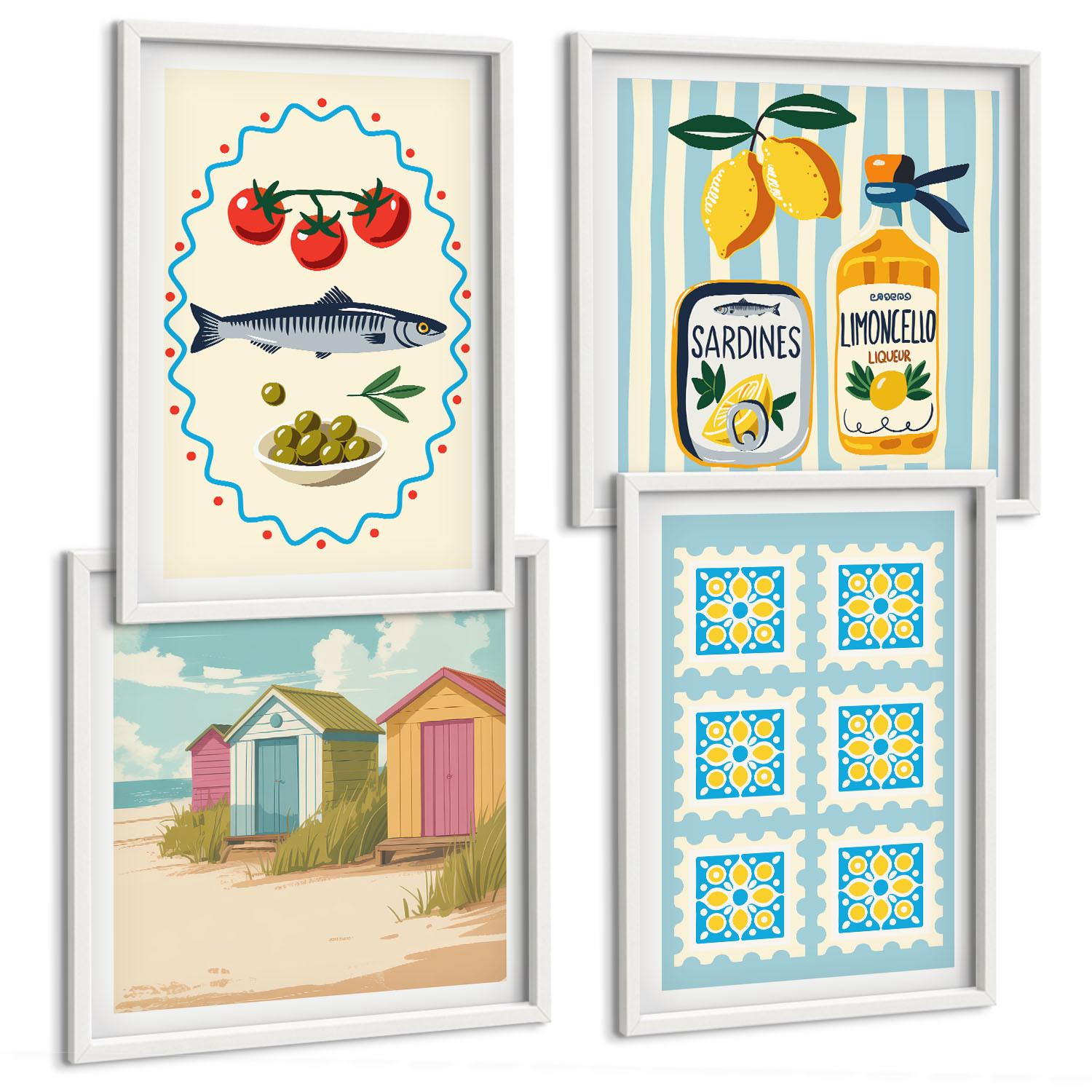 BILDER SET 4er Set - 50x50 cm & 40x60 cm Weißer Rahmen - Illustrationen der mediterranen Küche - Weiß, Kunststoff (50/50cm) - TULUP