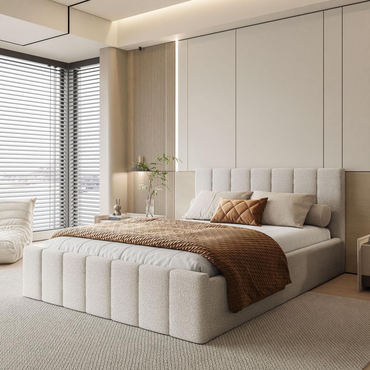 POLSTERBETT ELISE 140x200 cm Ascot Pearl, Kopfteil 95 cm, 34 Holzlatten - Creme, Textil (140/200cm) - Lookway