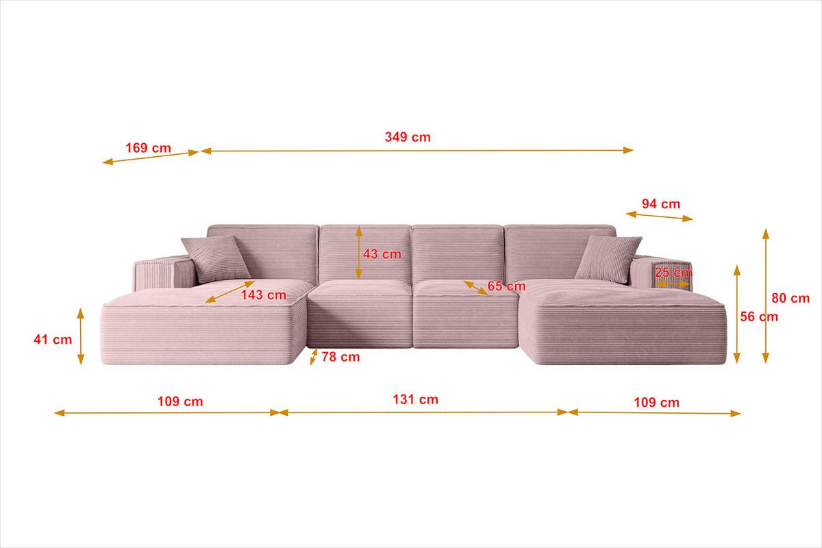 WOHNLANDSCHAFT SIERRA-U - 349x169x80 cm Rosa Cord - Schwarz/Rosa, Holzwerkstoff/Kunststoff (349/80/169cm) - ALTDECOR