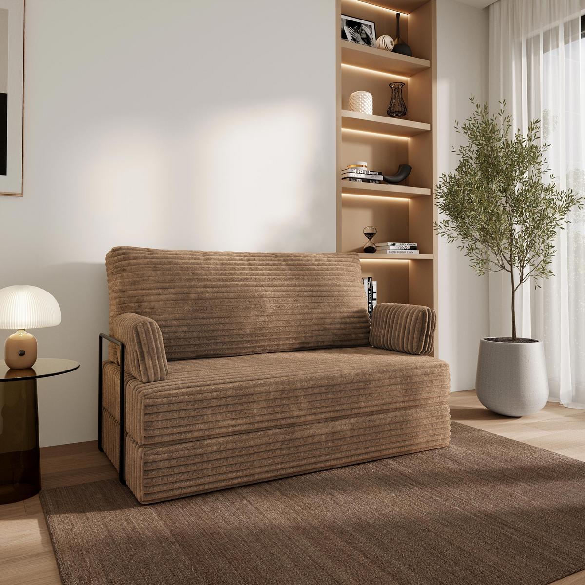 BETTSOFA LADIA aus Schaumstoff Cordstoff Beige Schlaffunktion - Beige, Textil (140/86/60cm) - MASSENO
