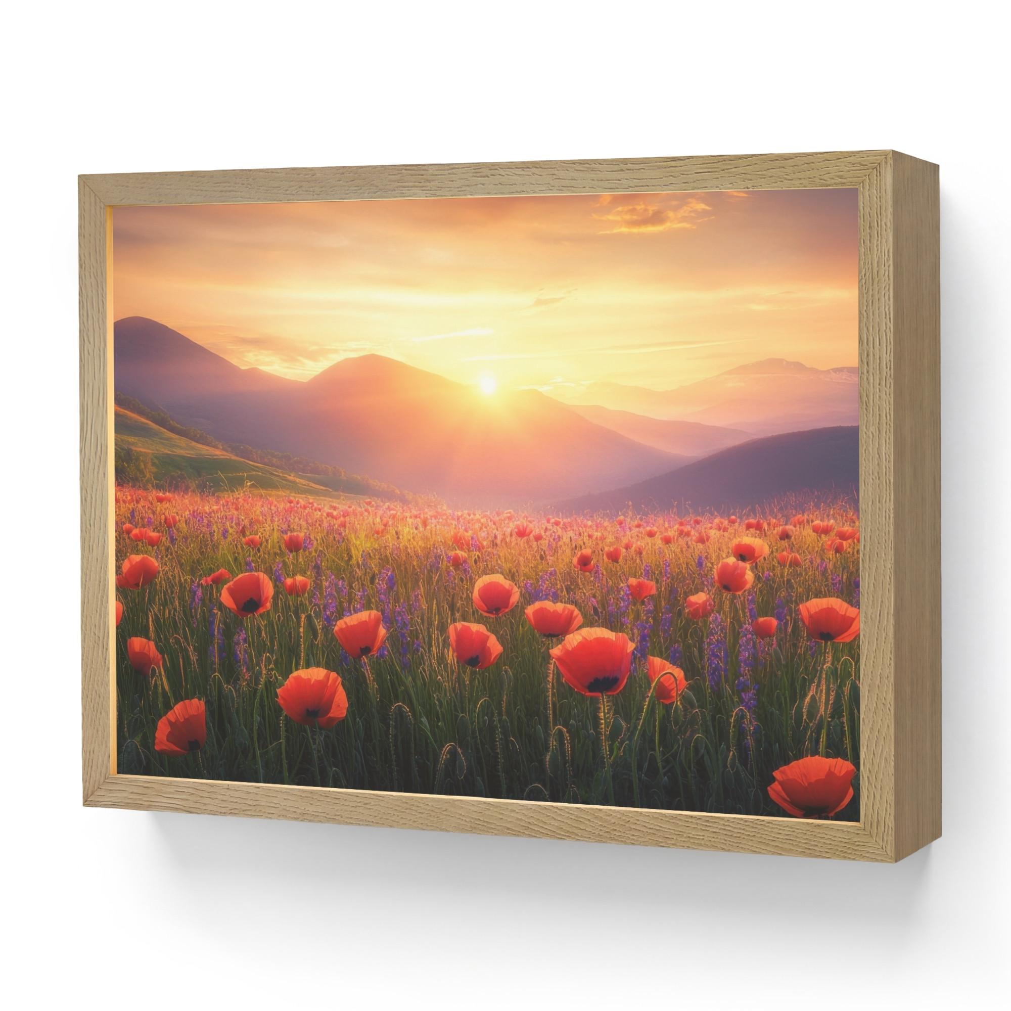 WANDLEUCHTE MIT AKKU Landschaft - Sonnenuntergang - Blumenfeld 40x30 cm - Rot, Holzwerkstoff (40/30/8cm) - OnlyWow