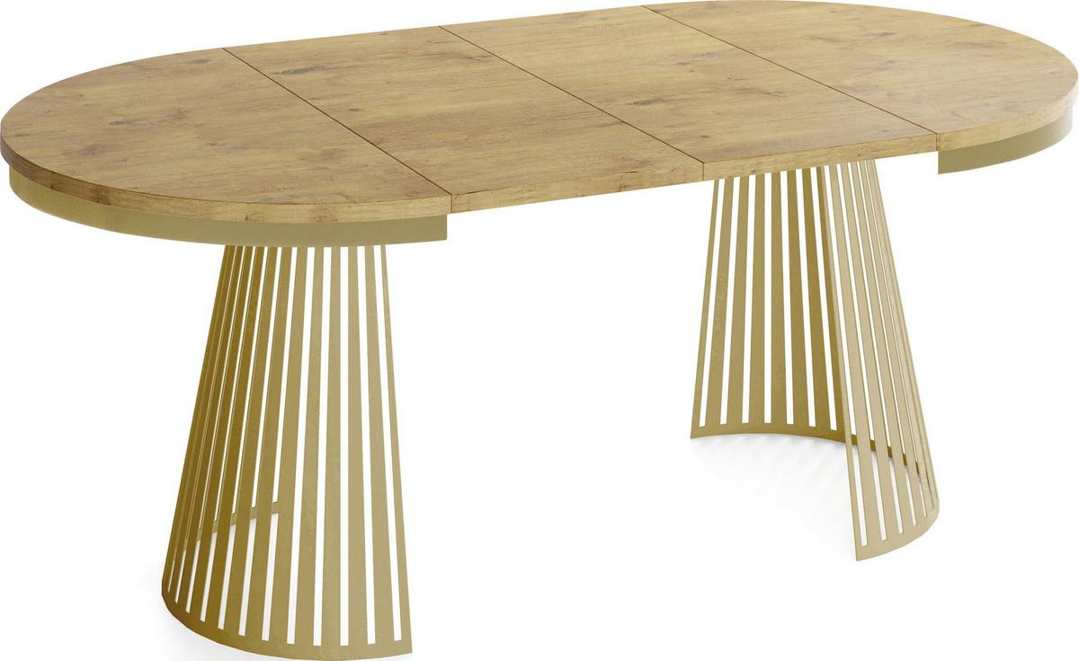 ESSTISCH Naro rund ausziehbar mit Goldem Lamellen-Metallgestell, Eiche Hell Braun 100-180/100/76 cm - Eichefarben/Goldfarben, Holzwerkstoff/Metall (100/180/76cm) - WFL GROUP