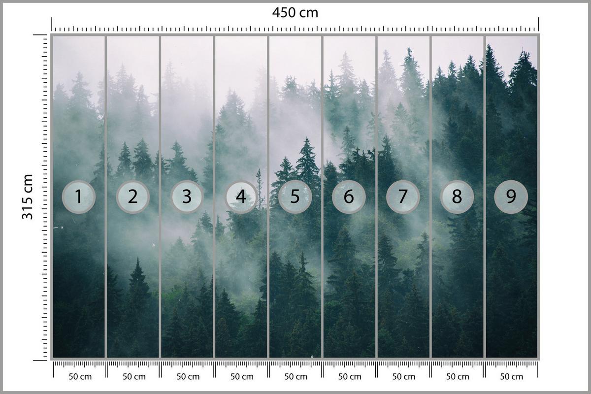 FOTOTAPETE Wald im Nebel Landschaft Natur 3D 450x315 - Türkis/Grau, Papier (450/315cm) - Muralo