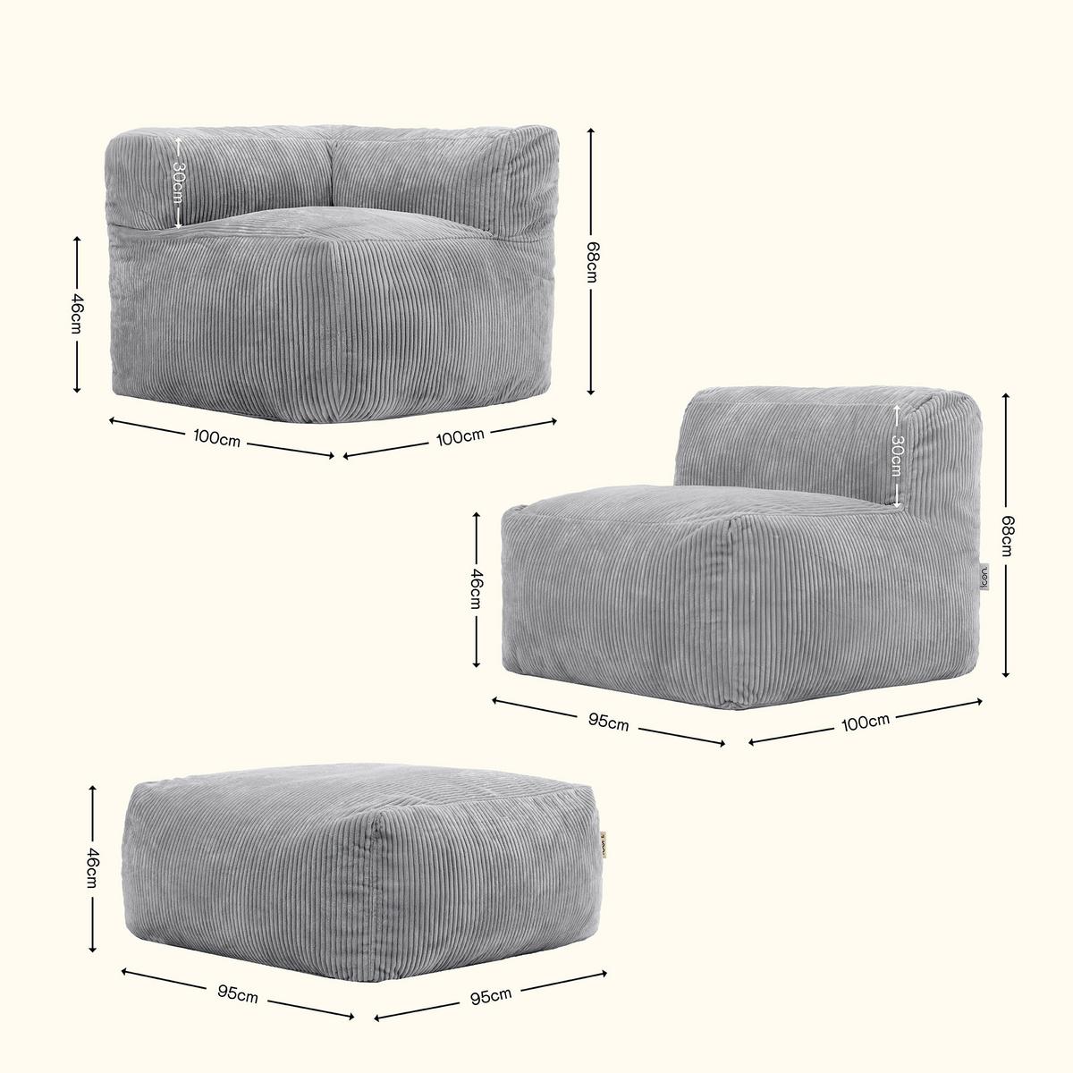 SITZSACK-SOFA 4-tlg. ZEN: Ecksessel, 2 Sessel, Fußstütze - Grau, Textil (385/68/100cm) - icon