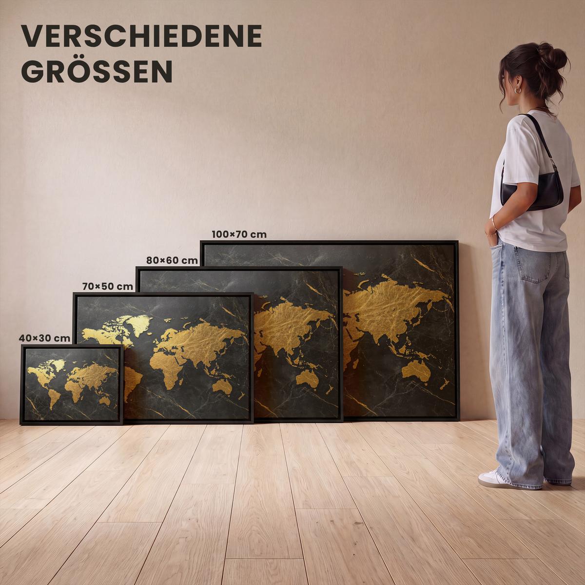 LEINWAND Bilder mit Rahmen - Weltkarte - Gold - Marmor - 40x30 - Goldfarben, Textil (40/30cm) - MuchoWow