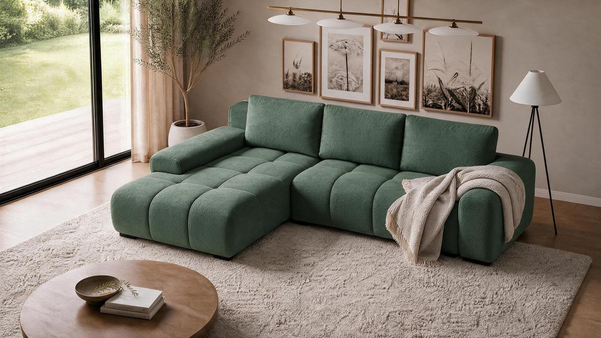 ECKSOFA Ovia mit Bettkasten und Schlaffunktion, Bouclé-Stoff in L-Form - Grün, Textil (270/185cm)