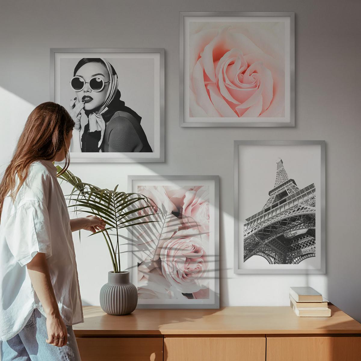 BILDER SET 4er Set - 50x50 cm & 40x60 cm Silberner Rahmen - Eiffels Porträt einer Frau mit Rosen - Silberfarben, Kunststoff (50/50cm) - TULUP